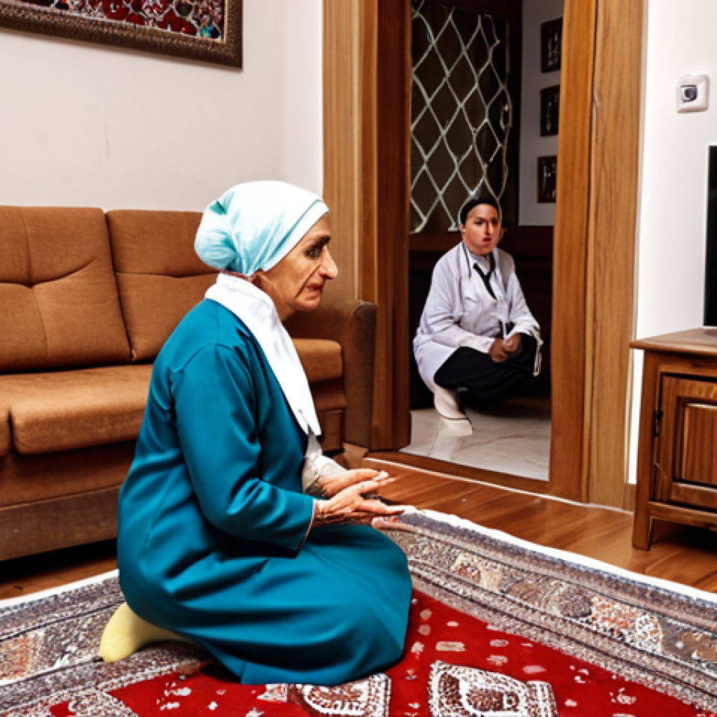 **

A compassionate doctor kneeling to listen to an elderly Turkish woman in her home. The doctor is making eye contact and holding her hand, creating a sense of empathy and trust. The background shows a cozy, traditional Turkish living room.

**