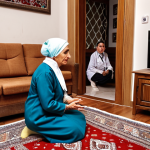 **

A compassionate doctor kneeling to listen to an elderly Turkish woman in her home. The doctor is making eye contact and holding her hand, creating a sense of empathy and trust. The background shows a cozy, traditional Turkish living room.

**