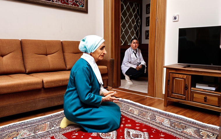 **
A compassionate doctor kneeling to listen to an elderly Turkish woman in her home. The doctor is making eye contact and holding her hand, creating a sense of empathy and trust. The background shows a cozy, traditional Turkish living room.
**