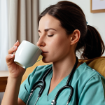 **

A tired nurse, still in uniform, taking a break at home. She's drinking herbal tea, relaxing to music. Focus on the relief of removing the uniform and finding a moment of peace after a stressful shift. Subtle details like a calming playlist title visible on a device. Feeling of "work-life balance."

**