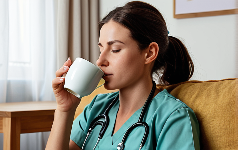 **
A tired nurse, still in uniform, taking a break at home. She's drinking herbal tea, relaxing to music. Focus on the relief of removing the uniform and finding a moment of peace after a stressful shift. Subtle details like a calming playlist title visible on a device. Feeling of "work-life balance."
**